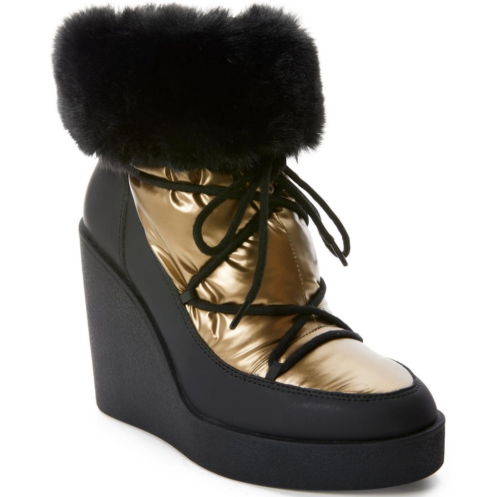 Boston Proper Black and Gold Fur Trim Wedge Bootie - Sz 10